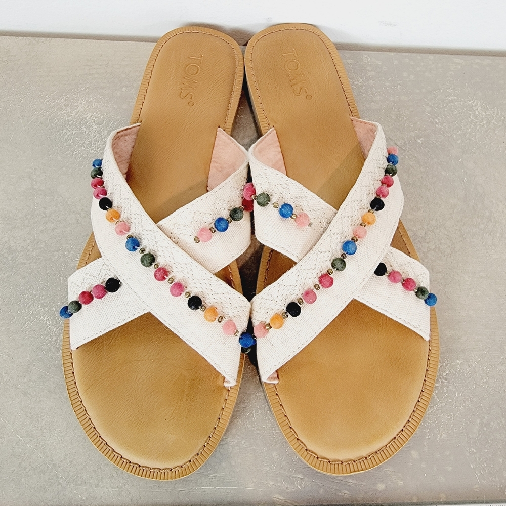 Toms Viv Canvas Pom Pom Sandals Slides Size 10